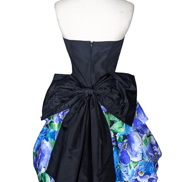 Vintage 80s Strapless Blue Floral Print Short Tiered Prom Cocktail Party Dress M - Picture 9 of 12
